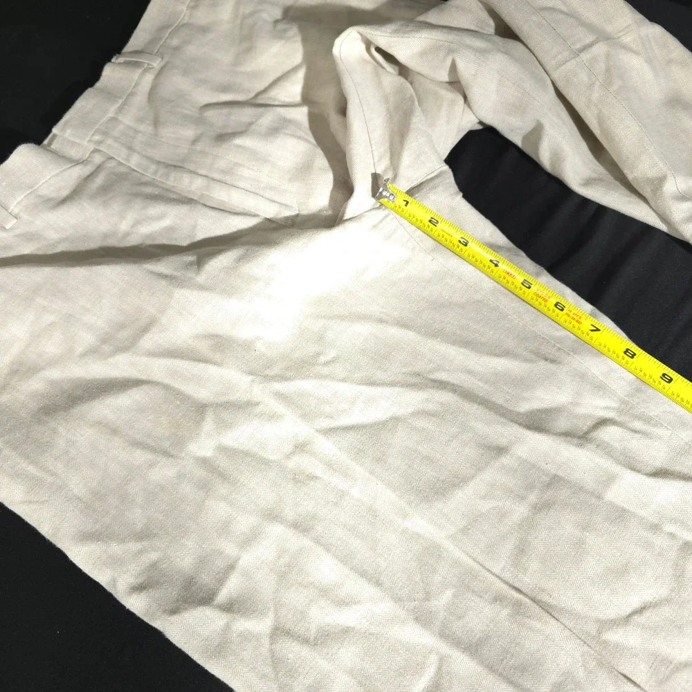 Perry Ellis Linen Blend Pants Mens 36x32 Cream Herringbone Flat Front Straight